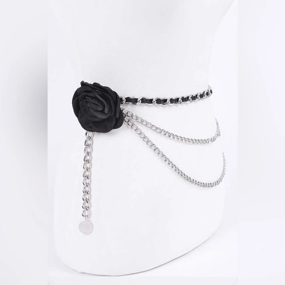 Satin 3-D Flower & Gold Iron Chain Statement Belt - Picture 5 of 7